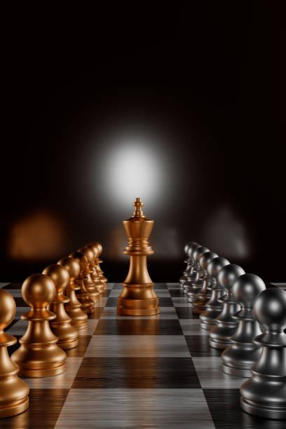 Golden and silver chess pieces on a chessboard with a glowing light in the background.3d rendering