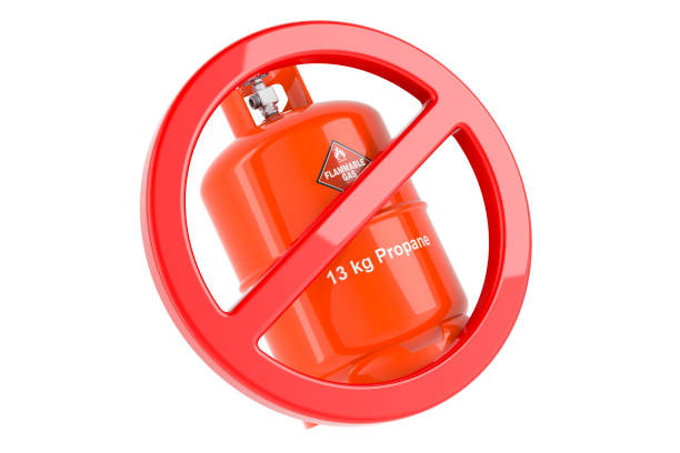 Propane gas cylinder with forbidden symbol. 3D rendering isolated on white background
