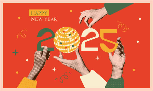 2025 New year art collage banner with halftone hands holding disco ball and cut out numbers. Trendy muted retro vector illustration.