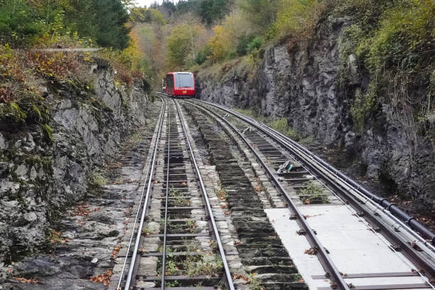Funicular railway to Brunate on the banks of Lake Como. Brunate, Como Province, Italy, Europe.  This has been transformed into a painterly image from an original photograph.