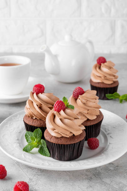 istock Chocolate cupcakes with cream decorated with fresh raspberries and mint leaves on a gray concrete background. Delicious holiday dessert 2153866739