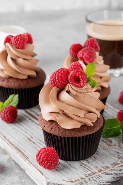 istock Chocolate cupcakes with cream decorated with fresh raspberries and mint leaves on a gray concrete background. Delicious holiday dessert 2153866756