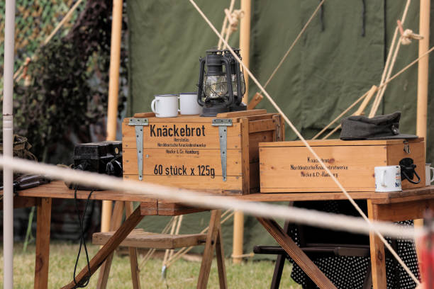 Container for gas mask bowler and flask for drinking on the Wehrmacht soldier in a uniform since the Second World War. Black and white photography