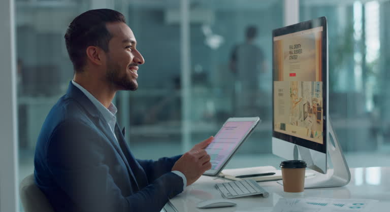 Business man, reading on computer and tablet for website information, FAQ and research in copywriting. Professional editor, writer or worker happy with newsletter, digital report or article on screen