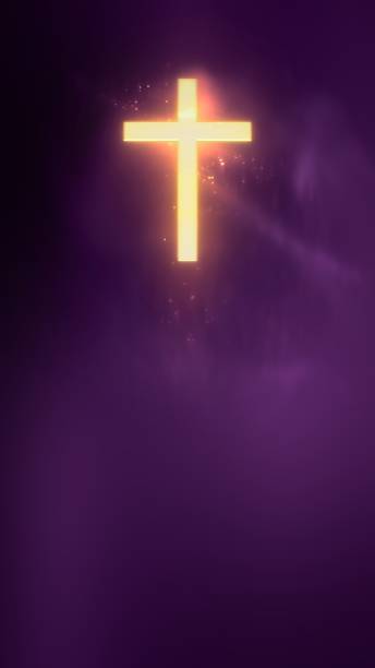istock Holy Christian Cross on Vertical Violet Purple Particle Copy Space Background 2153871871