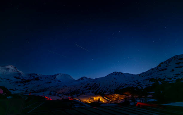 View from mountain hotel in dark blue sky night in Simplon Switzerland 05 09 2024