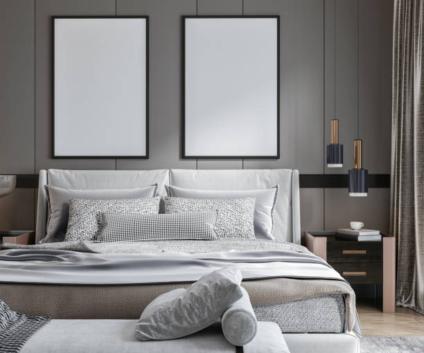 istock Frame mockup, ISO A paper size. Bed room wall poster mockup. Interior mockup with house background. Modern interior design. 3D render 2153875543