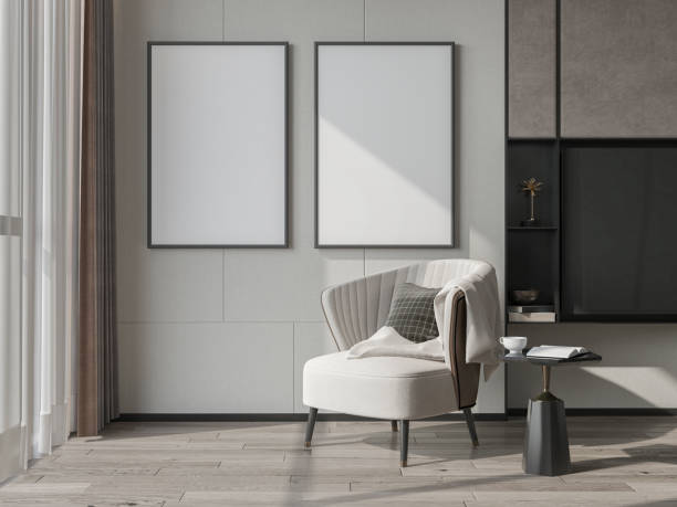 istock mock up poster frame in modern interior background, living room. 3D render, 3D illustration 2153875897