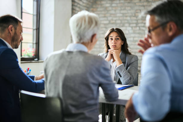 istock Worried female candidate having a job interview. 2153877752