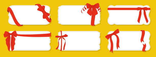 Price tags with bow gift red ribbon set blank mockup shopping labels different shapes vector frame Price tags mockup with bow gift red ribbon set. Blank shopping labels with ribbon tapes. Vintage label different shapes for gift Birthday, holiday Christmas package decoration. Vector frame invitation archery bow stock illustrations