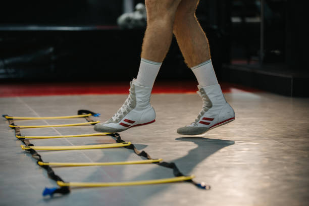 istock Boxer training in the gym, legs close-up. 2153880811