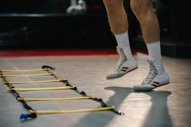 istock Boxer training in the gym, legs close-up. 2153880814
