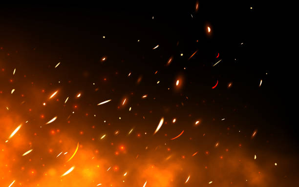 stockillustraties, clipart, cartoons en iconen met fire sparks. realistic flame background. bright flying particles. heat with glowing effect. red fire with sparks. bonfire flying up. orange sparkling fireplace. vector illustration - vuur