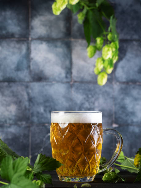 istock Beer mug on the table, a branch of green hops. 2153885696
