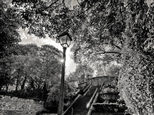 Steps leading to the Square de la Turlure public park with a view of The Basilica of Sacré-Cœur de Montmartre in the Montmartre district in Paris France