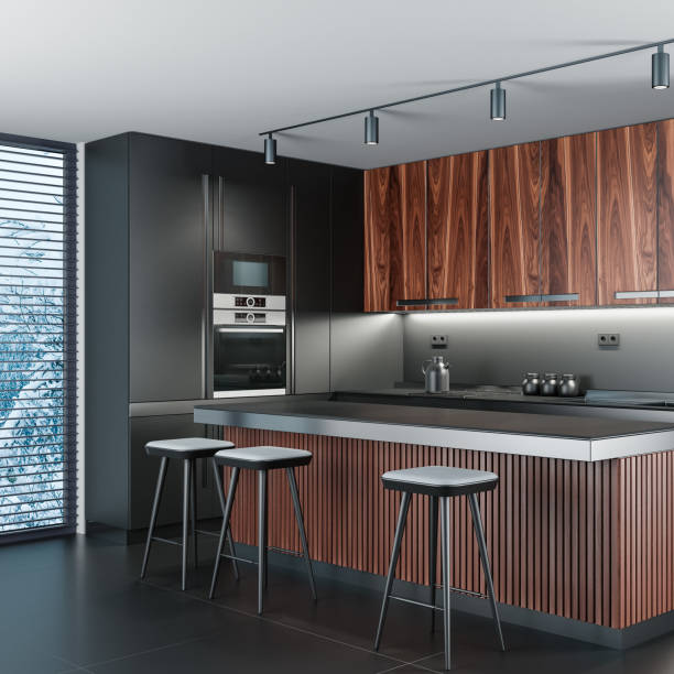 istock Wooden and Black Modern minimalist kitchen with long island. Dark matte materials. 2153887021
