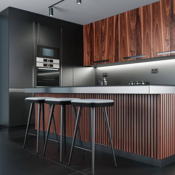 istock Wooden and Black Modern minimalist kitchen with long island. Dark matte materials. 2153887073