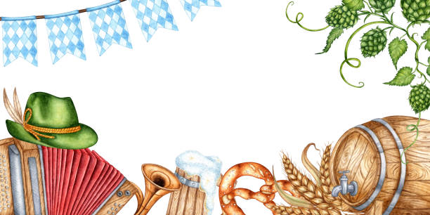 Beer Fest banner watercolor Beer Fest banner isolated from background watercolor illustration. Traditional holiday elements: Bavarian hat, beer mug, barrel, pretzel, accordion, holiday flags, wheat, hop leaves. Ideal for designing cards, posters, packaging water colour beer hops stock illustrations