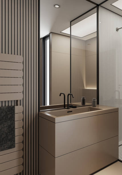 istock Modern minimalist bathroom with matte beige large tiles 2153895403