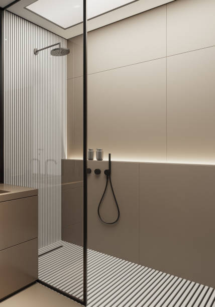 istock Modern minimalist bathroom with matte beige large tiles 2153895405