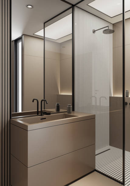 istock Modern minimalist bathroom with matte beige large tiles 2153895406