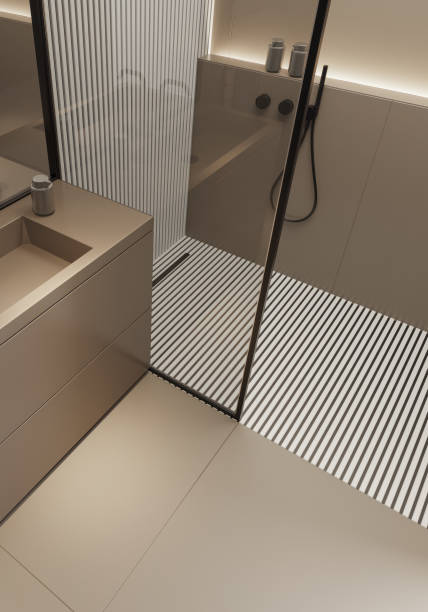 istock Modern minimalist bathroom with matte beige large tiles 2153895407