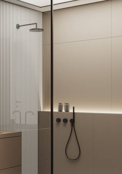 istock Modern minimalist bathroom with matte beige large tiles 2153895426