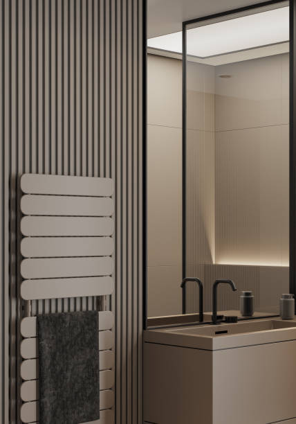 istock Modern minimalist bathroom with matte beige large tiles 2153895431