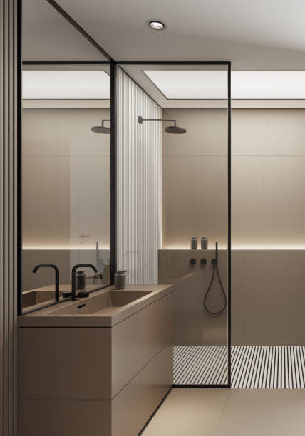 istock Modern minimalist bathroom with matte beige large tiles 2153895434