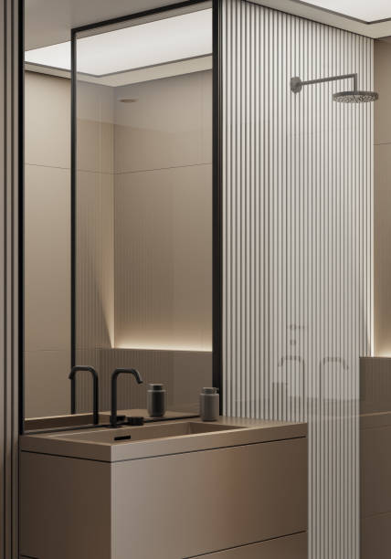 Modern minimalist bathroom with matte beige large tiles
