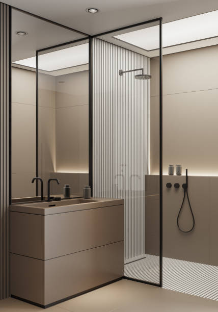 istock Modern minimalist bathroom with matte beige large tiles 2153895497
