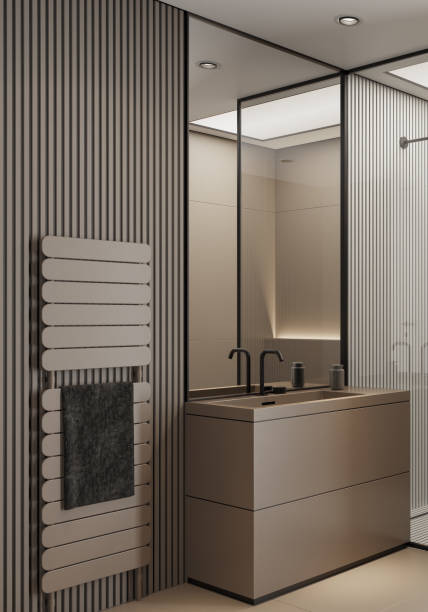 istock Modern minimalist bathroom with matte beige large tiles 2153895501