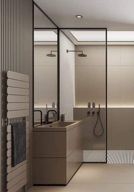istock Modern minimalist bathroom with matte beige large tiles 2153895514