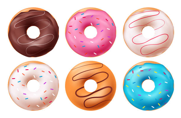istock Birthday doughnut vector set design. Birthday donut cake desserts with chocolate cream, strawberry icing and sprinkles 2153896109