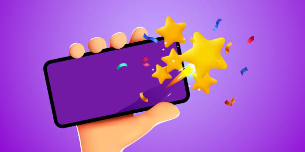 istock User puts an excellent rating in the mobile application. Cartoon hands with smartphone and rating star. 2153898975