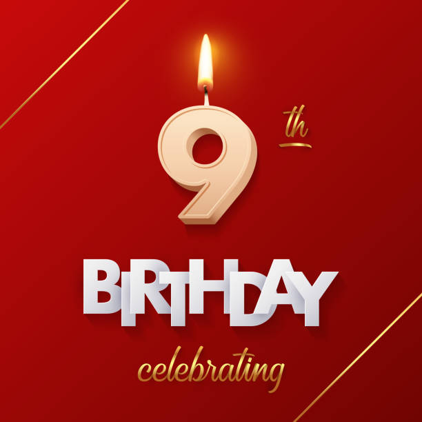 istock Birthday 9 number candles with fire for anniversary cake vector illustration. 3D realistic beige wax numbers ten with candlelight, white and gold font on red background for invitation, greeting card 2153907400