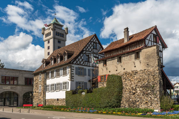 Arbon, Canton of Thurgau, Switzerland - April 24, 2024. Roemerhof and parts of the town wall in Arbon