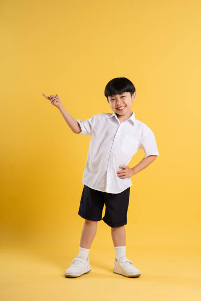 istock Portrait of adorable asian boy posing on yellow background 2153917455