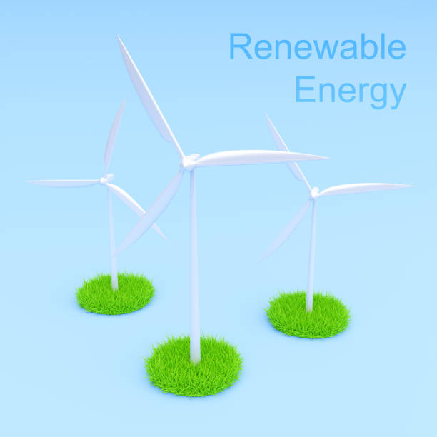 istock Wind turbines on blue background. Alternative energy concept 2153918230
