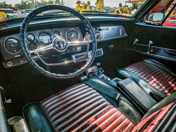 Gulfport, MS - October 01, 2023: High perspective detail interior view of a 1962 Studebaker Gran Turismo Hawk Hardtop Coupe at a local car show.