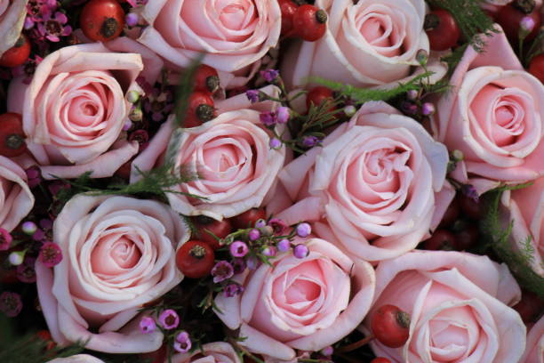 Pink roses and berries in a wedding arrangement