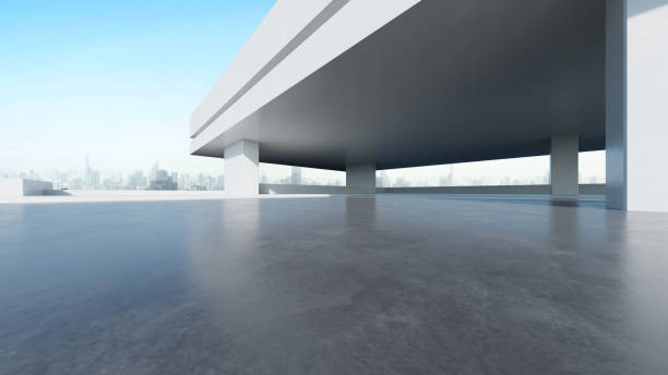 istock 3d render of abstract modern architecture with empty concrete floor and city skyline background, car presentation background. 2153926633