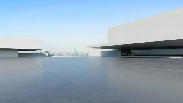 istock 3d render of abstract modern architecture with empty concrete floor and city skyline background, car presentation background. 2153926634