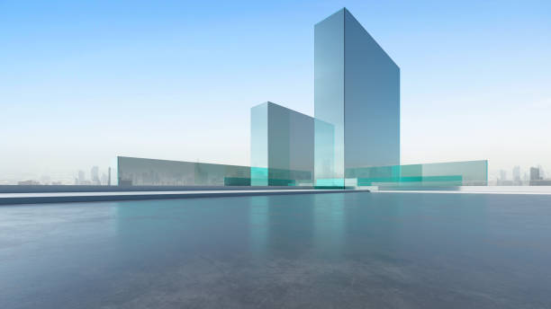 istock 3d render of abstract modern architecture with empty concrete floor and city skyline background, car presentation background. 2153926636