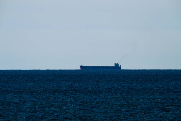 Large bulk carrier ship on the horizon.