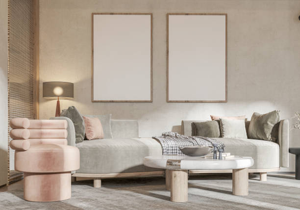istock mock up poster frame in modern interior background, living room. 3D render, 3D illustration 2153930350