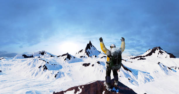 Conquering Fear, Conquering Peaks: A Climber's Ultimate Triumph on the Mountain. Concept 3D CG Render.