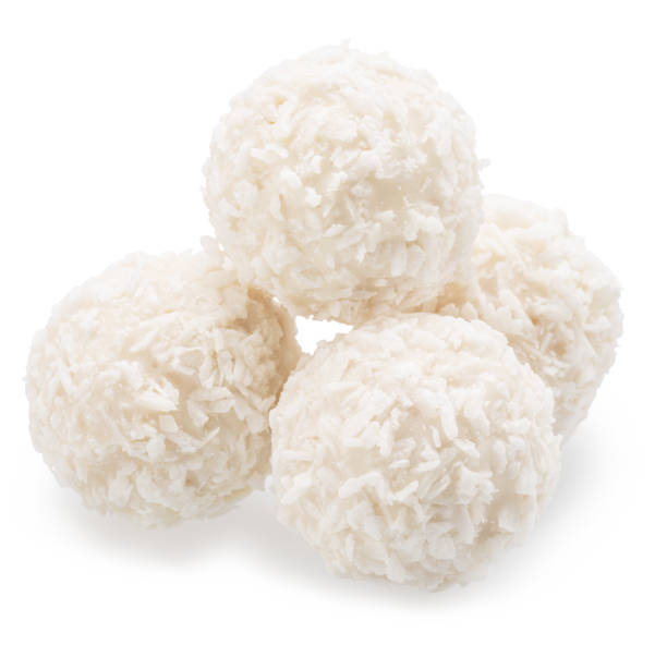 istock Round white chocolate candies covered with blanched coconut on white background. File contains clipping path. 2153935230