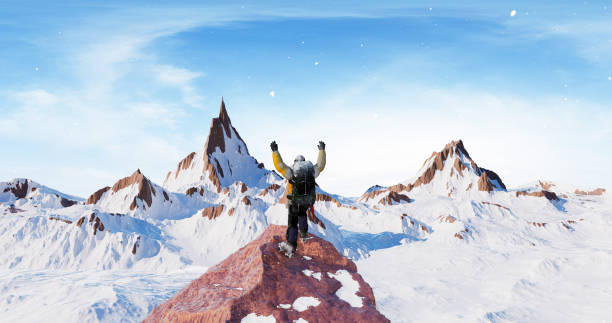 The Summit Celebration: A Climber's Joyous Achievement at the Mountain Peak. Concept 3D CG Render.