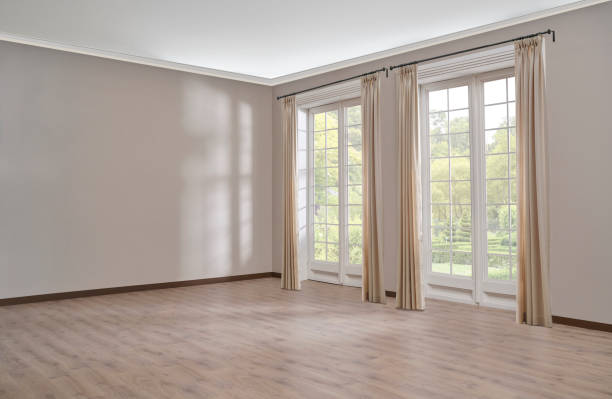 istock Empty room, wall, window, parquet style, interior concept, area for furniture sofa table carpet decoration. 2153939404